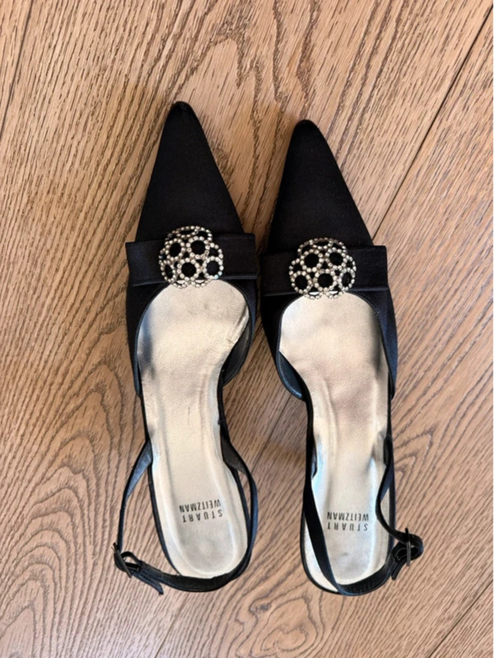 Stuart Weitzman Black Satin Jeweled Slingback Kitten Heels 9.5